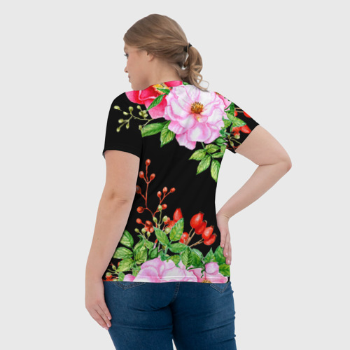 Женская футболка 3D с принтом Цветущий шиповник на черном, вид сзади #2