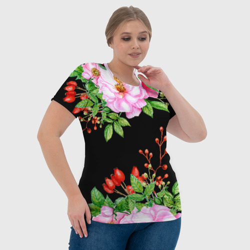 Женская футболка 3D с принтом Цветущий шиповник на черном, фото #4