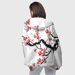 Ветровка с принтом Сакура цветёт и благаухает для женщины, вид на модели сзади №3. Цвет основы: белый