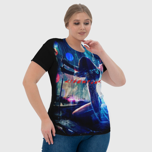 Женская футболка 3D Cyberpunk девушка с катаной, цвет 3D печать - фото 6
