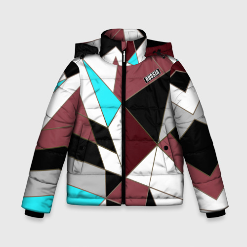 Зимняя куртка для мальчиков 3D с принтом Геометрический узор треугольники в коричневых и бирюзовых тонах, вид спереди #2