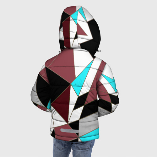 Зимняя куртка для мальчиков 3D с принтом Геометрический узор треугольники в коричневых и бирюзовых тонах, вид сзади #2