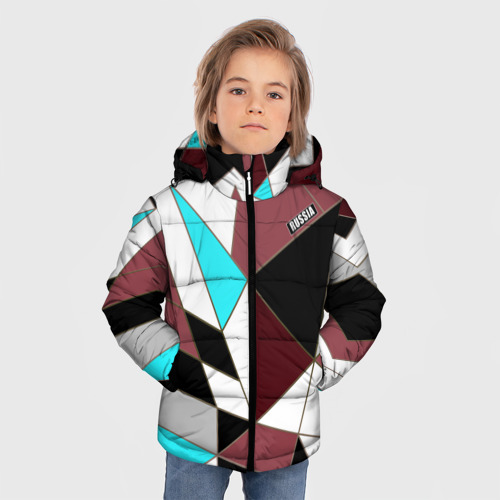 Зимняя куртка для мальчиков 3D с принтом Геометрический узор треугольники в коричневых и бирюзовых тонах, фото на моделе #1