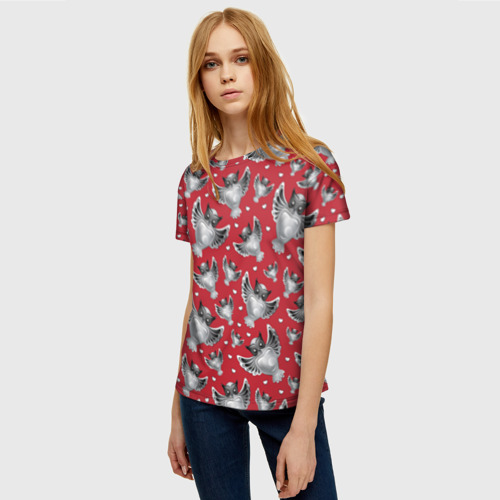 Женская футболка 3D с принтом Серебряные совы, фото на моделе #1