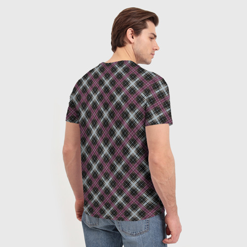 Мужская футболка 3D с принтом Темный серый с бордовым узор в клетку, вид сзади #2