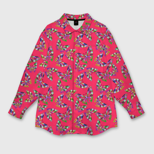 Женская рубашка oversize 3D с принтом Бабочки на красном фоне, вид спереди #2