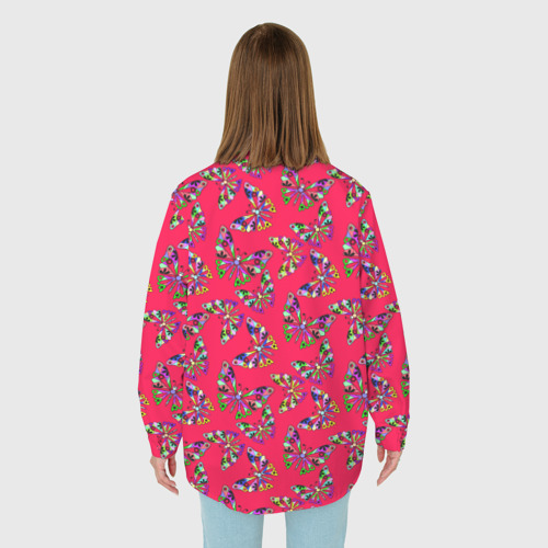 Женская рубашка oversize 3D с принтом Бабочки на красном фоне, вид сзади #2