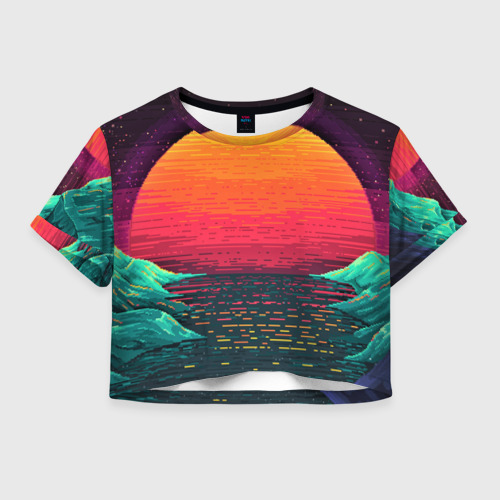 Женская футболка Crop-top 3D Пиксельный закат вапорвейв, цвет 3D печать
