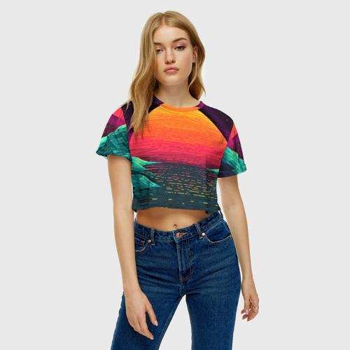 Женская футболка Crop-top 3D Пиксельный закат вапорвейв, цвет 3D печать - фото 3