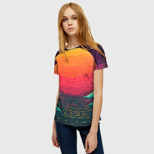 Женская футболка 3D с принтом Пиксельный закат вапорвейв, фото на моделе #1