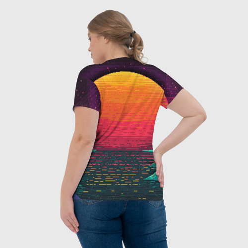 Женская футболка 3D с принтом Пиксельный закат вапорвейв, вид сзади #2