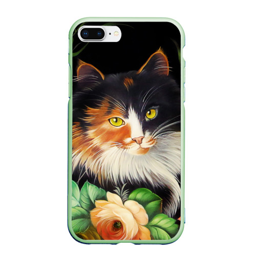 Чехол для iPhone 7Plus/8 Plus матовый Трёхцветная кошка, цвет салатовый