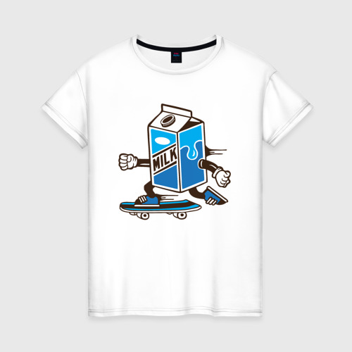 Женская футболка из хлопка с принтом Пачка молока на скейте, вид спереди №1