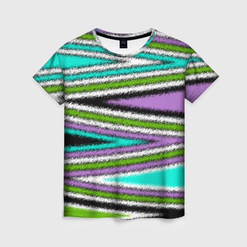 Женская футболка 3D с принтом Разноцветный асимметричный узор зигзаг, вид спереди #2