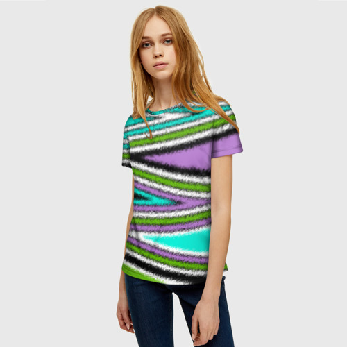 Женская футболка 3D с принтом Разноцветный асимметричный узор зигзаг, фото на моделе #1