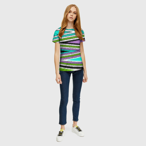 Женская футболка 3D с принтом Разноцветный асимметричный узор зигзаг, вид сбоку #3