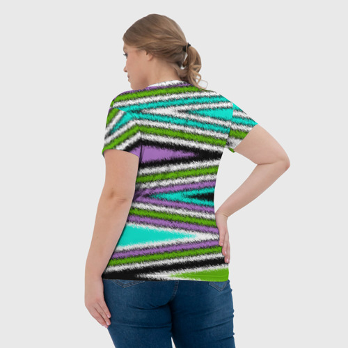 Женская футболка 3D с принтом Разноцветный асимметричный узор зигзаг, вид сзади #2