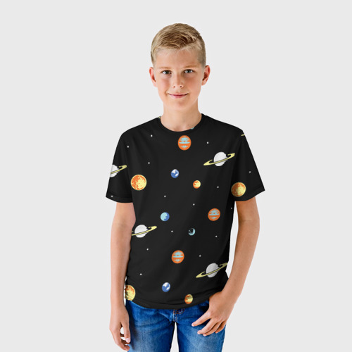 Детская футболка 3D с принтом Планеты в космосе, фото на моделе #1