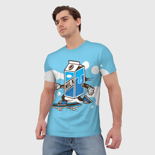 Мужская футболка 3D с принтом Пачка молока на    скейте, фото на моделе #1