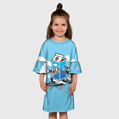 Детское платье 3D с принтом Пачка молока на    скейте, вид сбоку #3