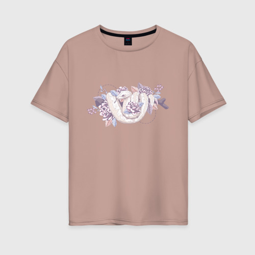 Женская футболка хлопок Oversize Белая змея и цветы, цвет пыльно-розовый