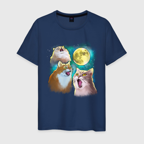 Мужская футболка хлопок с принтом Котики воют на Луну, вид спереди #2