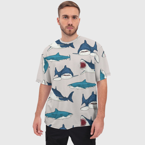 Мужская футболка oversize 3D Кровожадные акулы паттерн, цвет 3D печать - фото 3