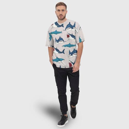 Мужская футболка oversize 3D Кровожадные акулы паттерн, цвет 3D печать - фото 5
