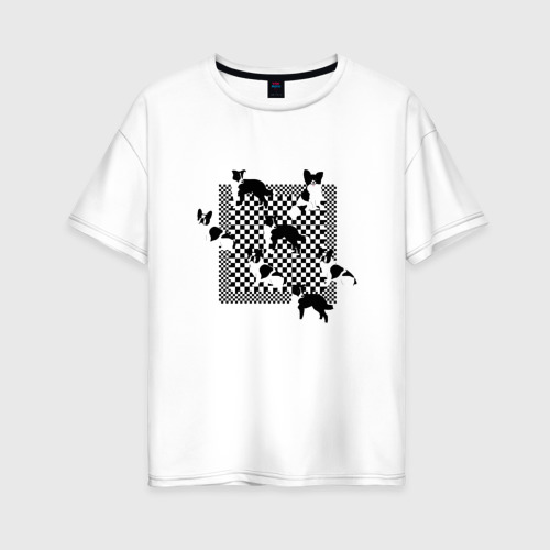 Женская футболка из хлопка оверсайз с принтом Черно-белые собачки, вид спереди №1
