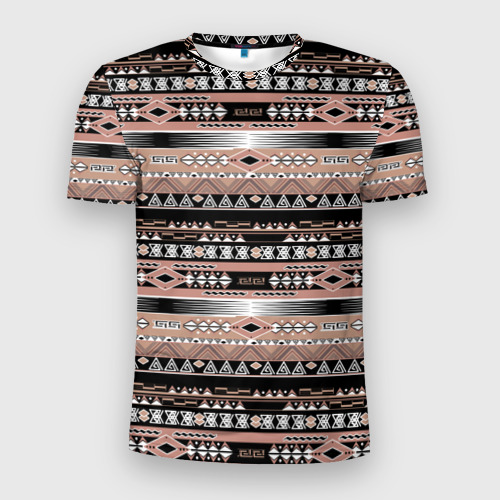 Мужская футболка 3D Slim Полосатый этнический орнамент коричнево черный , цвет 3D печать