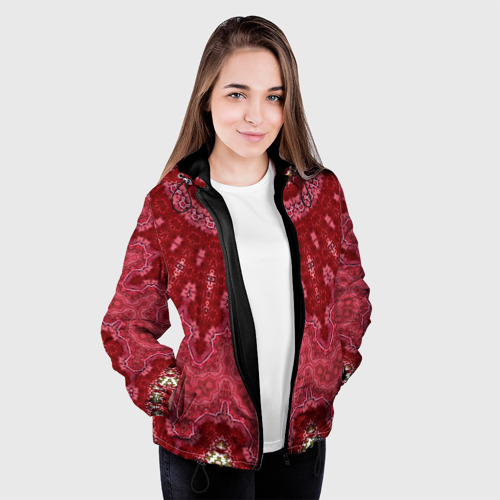 Женская куртка 3D с принтом Красно-розовый калейдоскоп мандала, вид сбоку #3