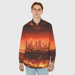 Мужская рубашка oversize 3D Закат над Нью Йорком - фото 2