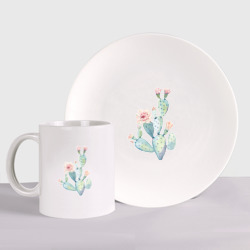Набор: тарелка + кружка Нежный акварельный кактус