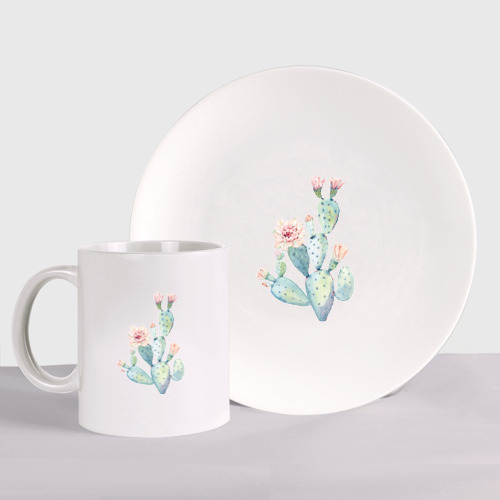 Набор: тарелка + кружка Нежный акварельный кактус