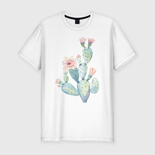 Мужская футболка приталенная из хлопка с принтом Нежный акварельный кактус, вид спереди №1