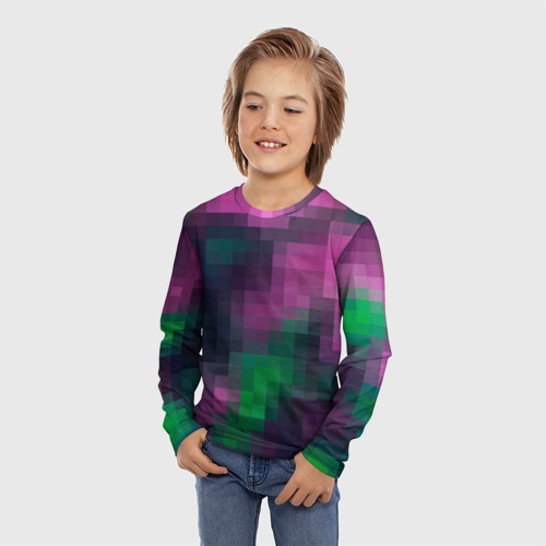 Детский лонгслив 3D Геометрический узор зелено фиолетовый из крупных пикселей, цвет 3D печать - фото 3
