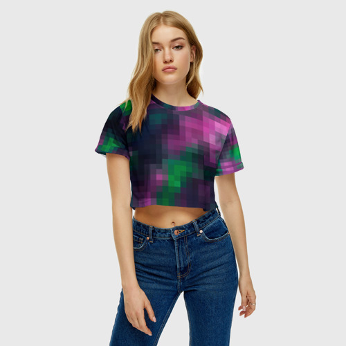 Женская футболка Crop-top 3D Геометрический узор зелено фиолетовый из крупных пикселей, цвет 3D печать - фото 4