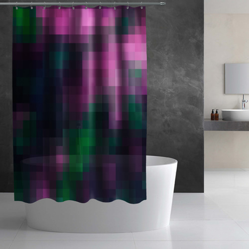 Штора 3D для ванной Геометрический узор зелено фиолетовый из крупных пикселей - фото 3