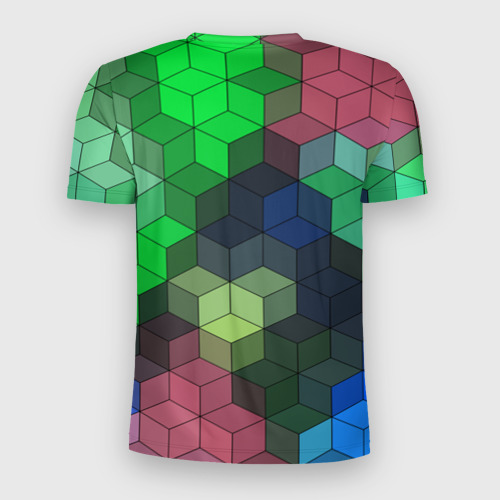 Мужская футболка 3D Slim с принтом Разноцветный геометрический узор розовый с зеленым, вид сзади #1