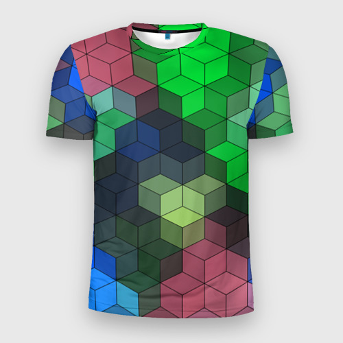 Мужская футболка 3D Slim с принтом Разноцветный геометрический узор розовый с зеленым, вид спереди #2