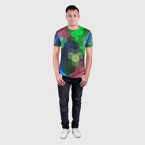Мужская футболка 3D Slim с принтом Разноцветный геометрический узор розовый с зеленым, вид сбоку #3