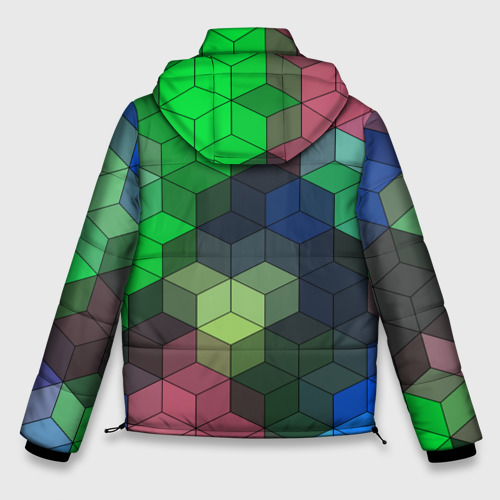 Мужская зимняя куртка 3D с принтом Разноцветный геометрический узор розовый с зеленым, вид сзади #1