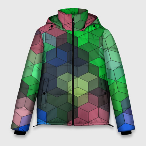 Мужская зимняя куртка 3D с принтом Разноцветный геометрический узор розовый с зеленым, вид спереди #2