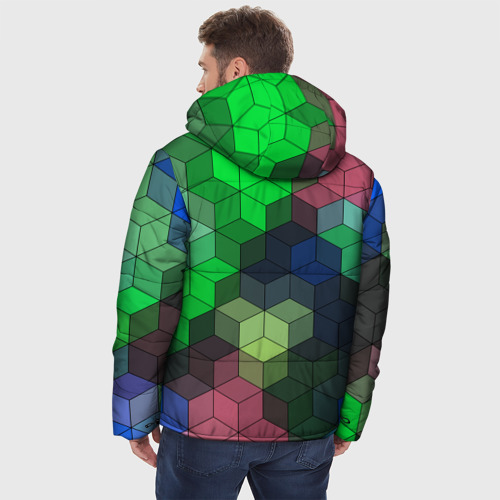 Мужская зимняя куртка 3D с принтом Разноцветный геометрический узор розовый с зеленым, вид сзади #2