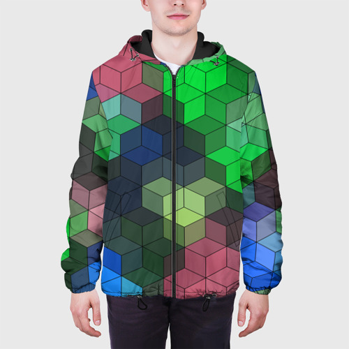Мужская куртка 3D с принтом Разноцветный геометрический узор розовый с зеленым, вид сбоку #3