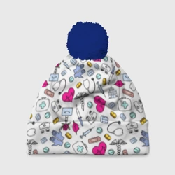 Шапка 3D c помпоном Медицинский паттерн с символикой и приборами