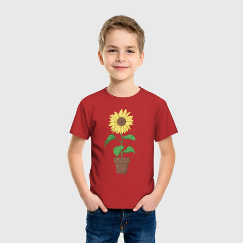 Детская футболка хлопок с принтом Подсолнух в горшке, фото на моделе #1