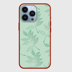 Чехол для iPhone 13 Pro Зеленые листья на светло зеленом