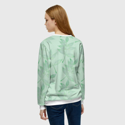 Свитшот с принтом Зеленые листья на светло зеленом для женщины, вид на модели сзади №2. Цвет основы: белый