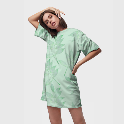 Платье-футболка 3D Зеленые листья на светло зеленом, цвет 3D печать - фото 3